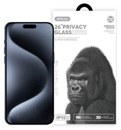 Защитное стекло SupGlass 3D XC-12 для iPhone 15 Pro (Анти-шпион), Чёрное. Фото 1