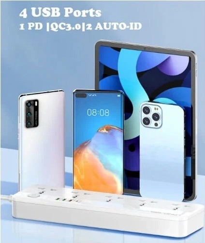 Сетевой фильтр LDNIO Fast Charging Power Strip 2500W, 5 розеток, 4 USB, 2м, Белый (SC5415). Фото 4