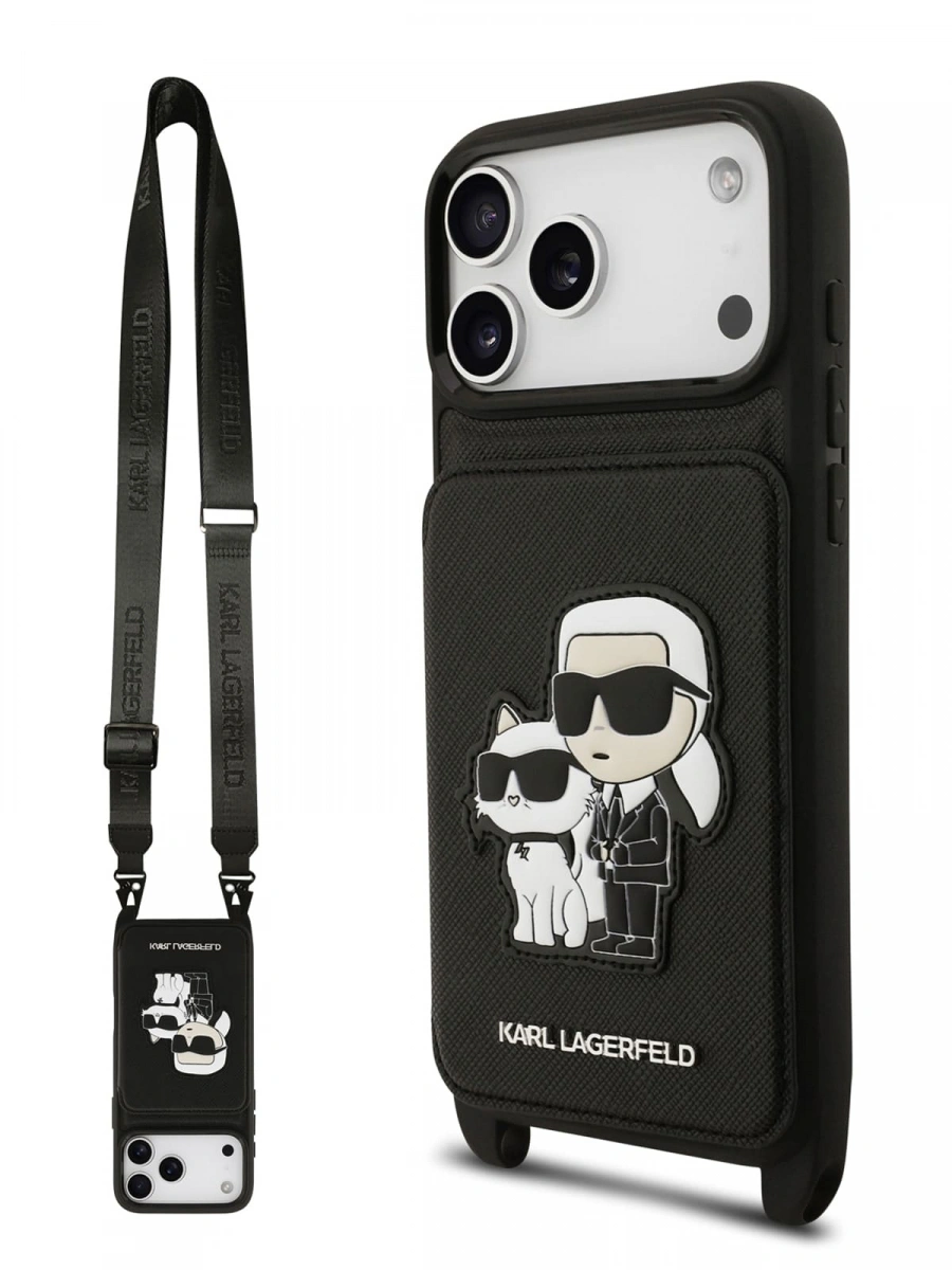 Накладка Lagerfeld для iPhone 17 Pro Max Crossbody cardslot PU Saffiano NFT Karl&Choupette Hard, Чёрная (KLHCP17XCSAKCPMK). Фото 1