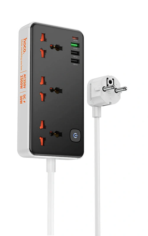 Сетевой фильтр Hoco AC8A 3 гнезда, USB-C, 3*USB-A 2500W 1.5m, Чёрный. Фото 1