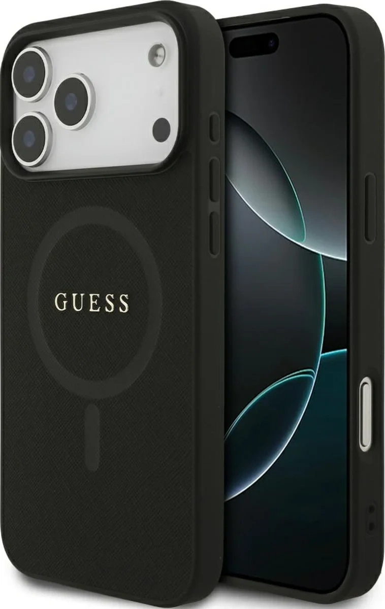 Накладка Guess для iPhone 17 Pro PU Saffiano with Classic metal logo (MagSafe), Чёрная (GUHMP17LPSAHMCK). Фото 1