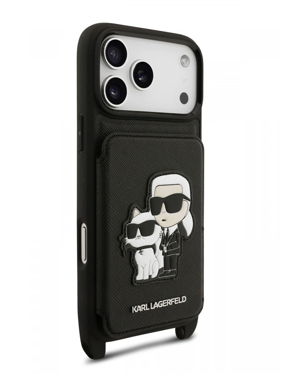 Накладка Lagerfeld для iPhone 17 Pro Max Crossbody cardslot PU Saffiano NFT Karl&Choupette Hard, Чёрная (KLHCP17XCSAKCPMK). Фото 5