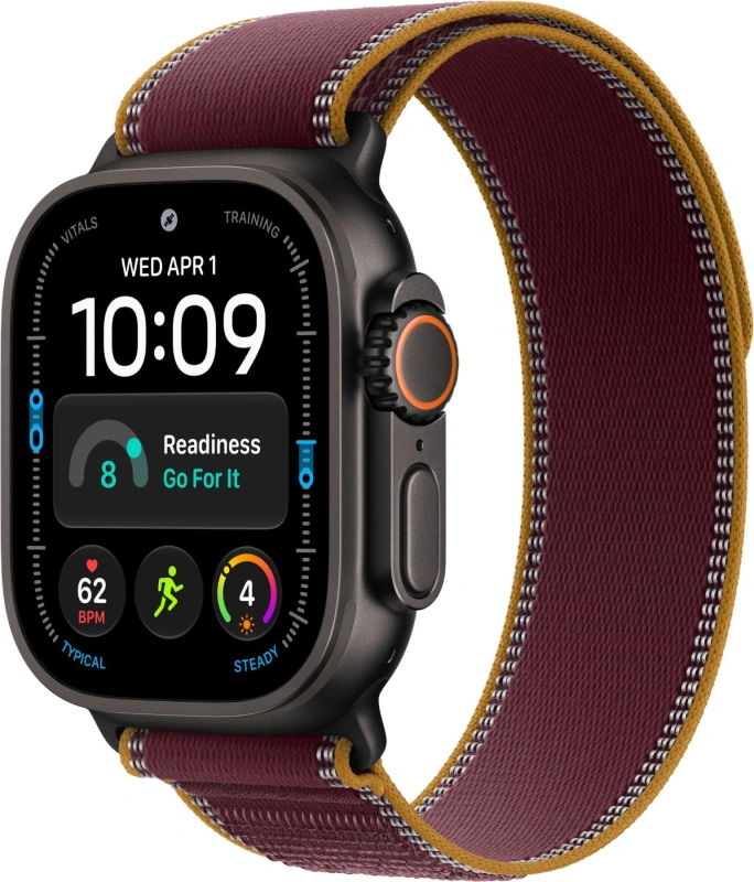 Умные часы Apple Watch Ultra 4 (2026) GPS+Cellular 49мм, Чёрный титановый корпус, ремешок "Бургунди спортивная петля" размер M/L 145-220 мм (MJC44). Фото 1