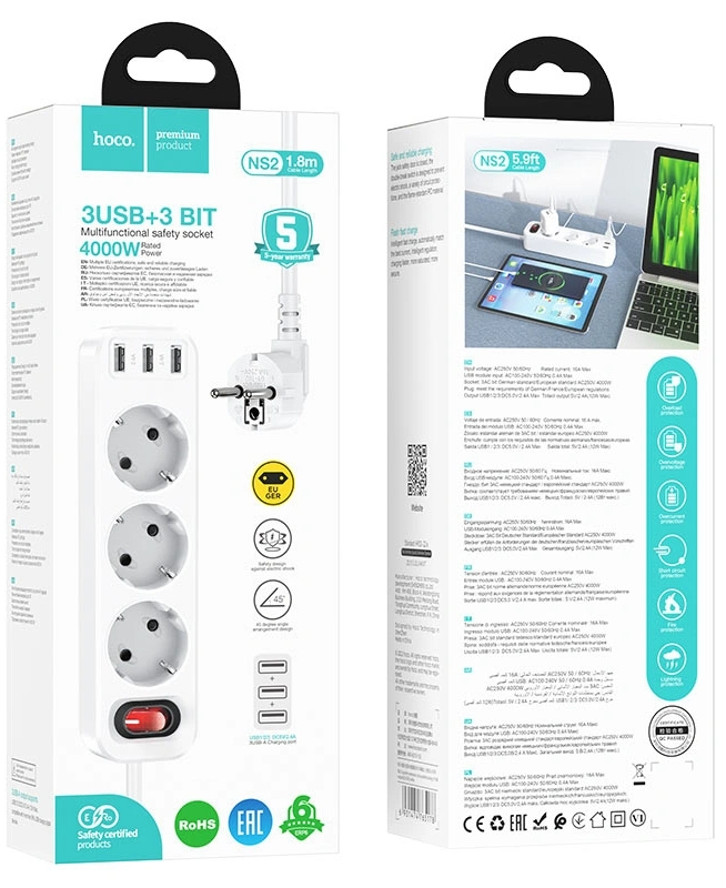 Сетевой фильтр Hoco NS2 3 USB + 3 Bit 1.8м, Белый. Фото 3