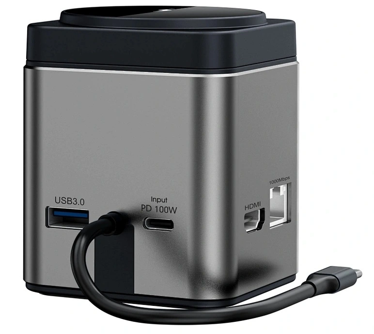 Хаб с беспроводной зарядкой Wiwu Cube Hub 9 в 1 USB-C Docking Wi-W025, Серый. Фото 5