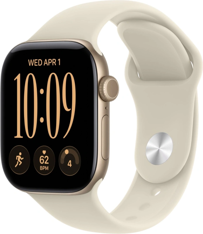 Умные часы Apple Watch Series 12 GPS, 42мм, Светло-золотой алюминиевый корпус, спортивный ремешок песочного цвета, размер S/M 130-180 мм (MJED4). Фото 1