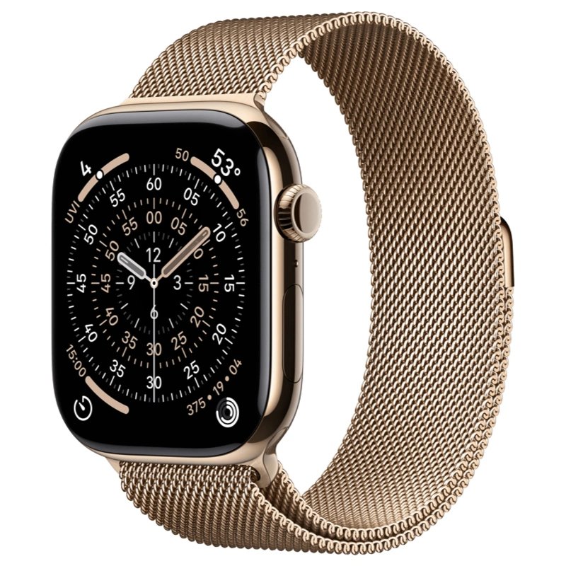 Apple Watch Series 11 GPS + Cellular, 46 мм, Gold Titanium, Миланская петля "Gold", M/L (MFD84). Фото 1