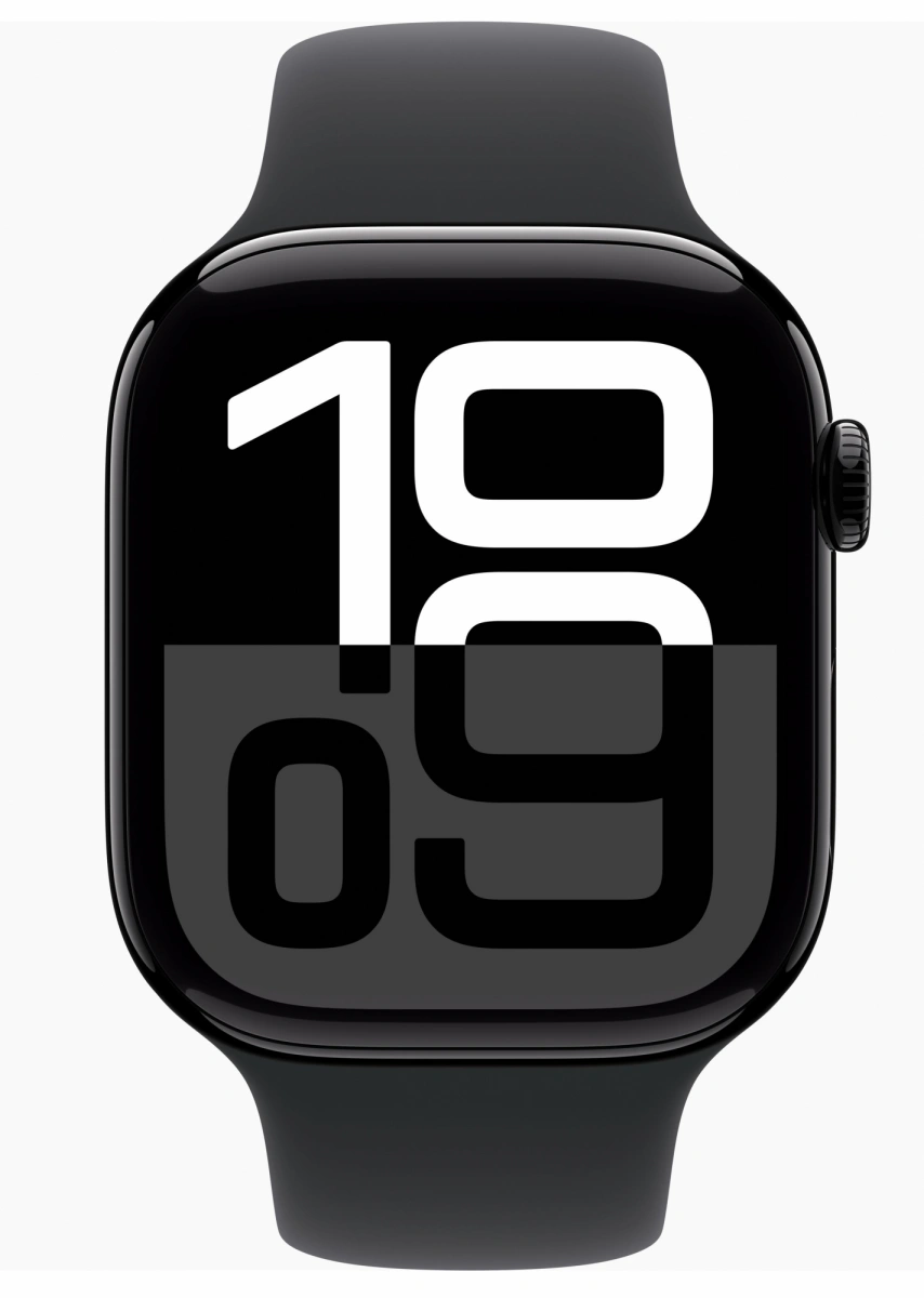 Apple Watch Series 10, 46 мм, алюминий цвета «чёрный глянец», спортивный ремешок чёрного цвета, S/M (MWWP3). Фото 2