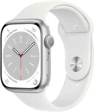 Apple Watch Series 8, 45 mm, серебристый алюминий, белый спортивный ремешок (MP6N3)