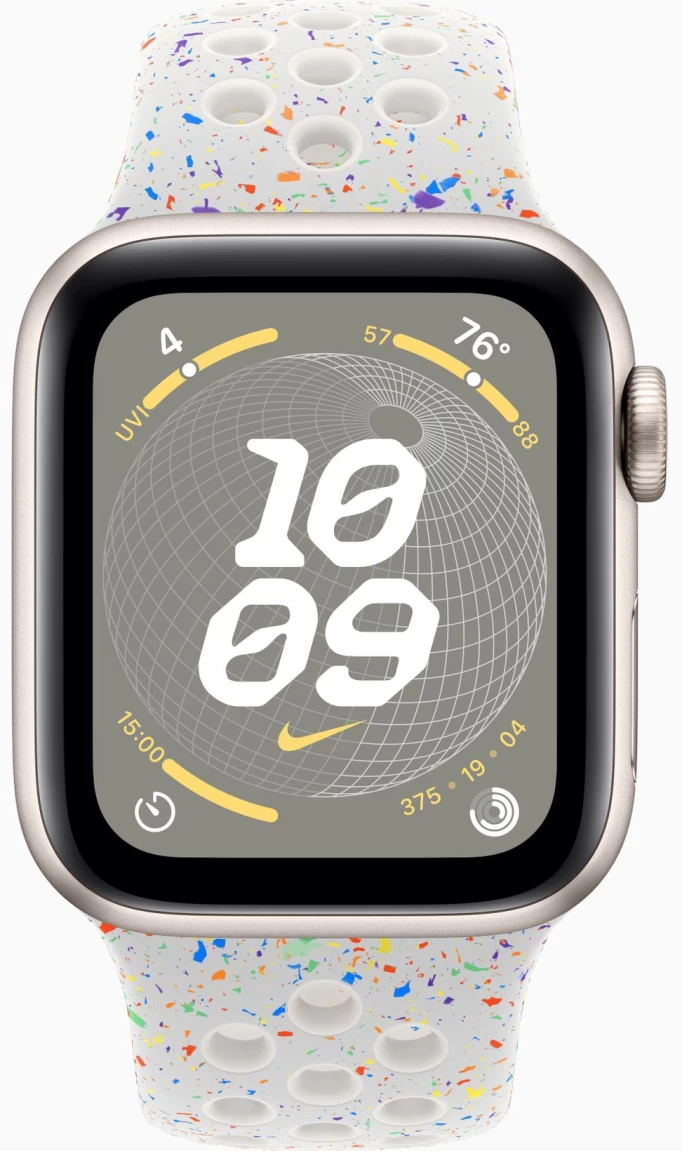 Apple Watch SE 2023, 40 мм, алюминий цвета "сияющая звезда", Pure Platinum Nike Sport Band, размер M/L (MRTQ3)