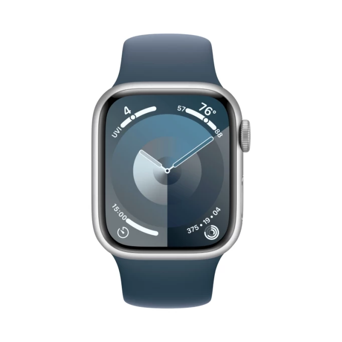 Apple Watch Series 9, 45 мм, серебристый алюминий, спортивный ремешок "грозовой синий", размер S/M (MR9D3)